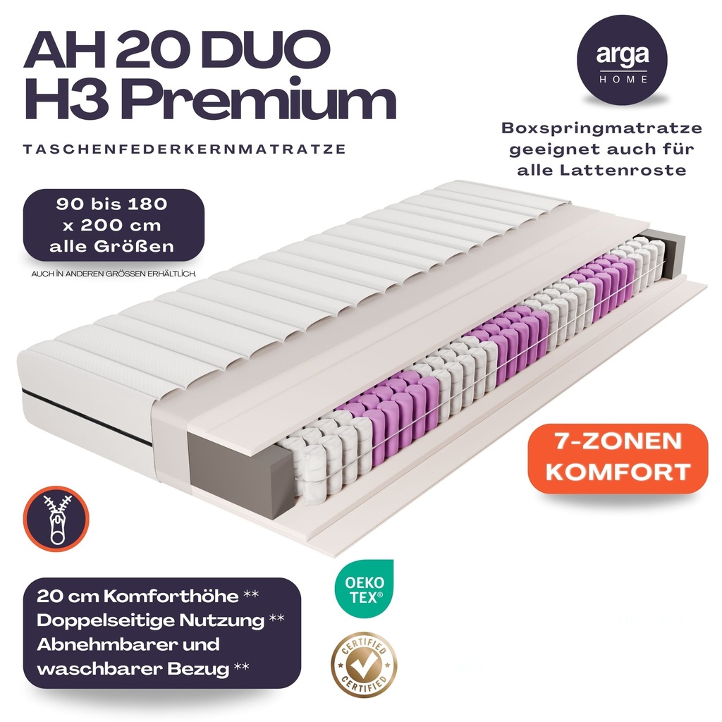 [26AH20090200501] AH20 Duo 7-Zonen Premium Taschenfederkernmatratze 90X200