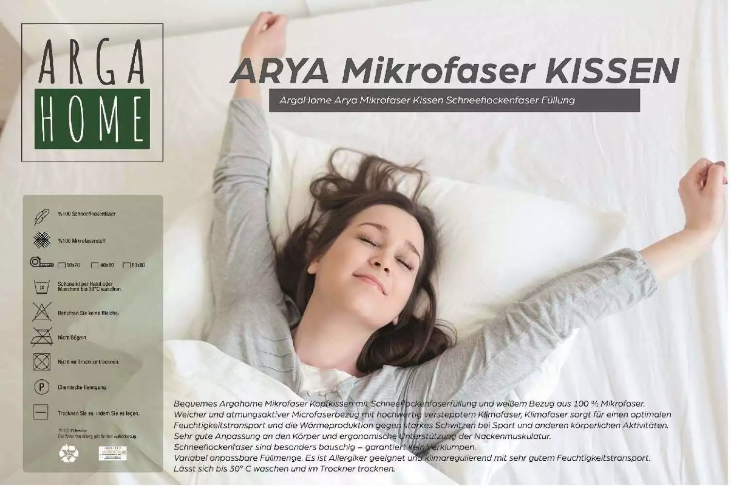 ARYA Kopfkissen 80x80 Microfaserkissen von Argahome